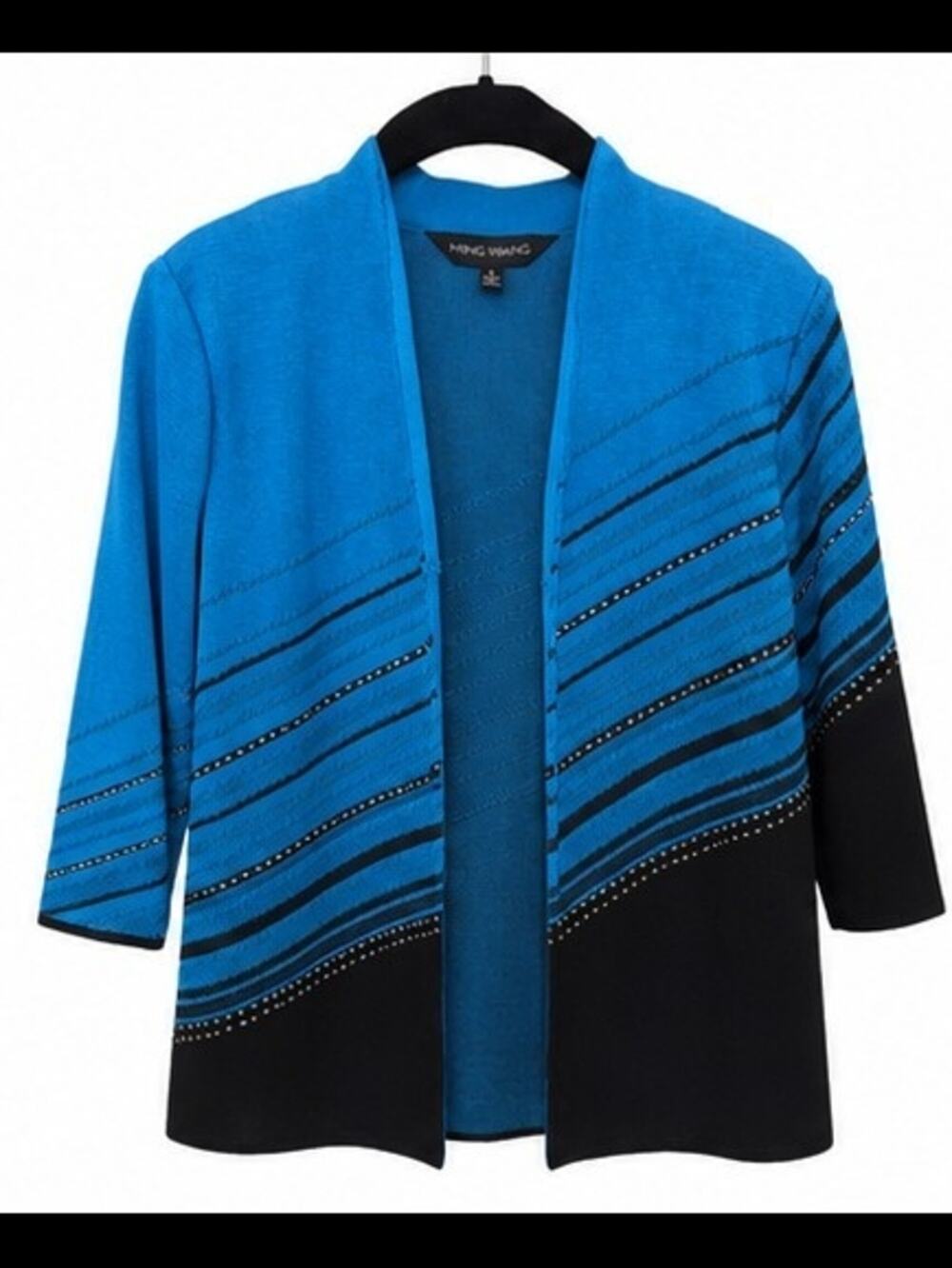 Ming Wang Women's Blue & Black Striped Knit Open-Front Sweater Cardigan Size S